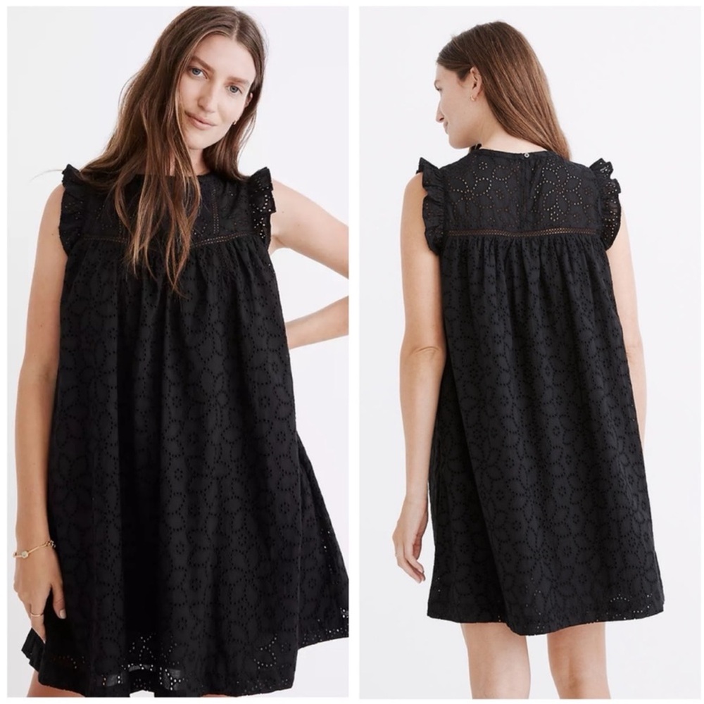NWT Madewell Eyelet Ruffle-Sleeve Mini Dress Black Large
